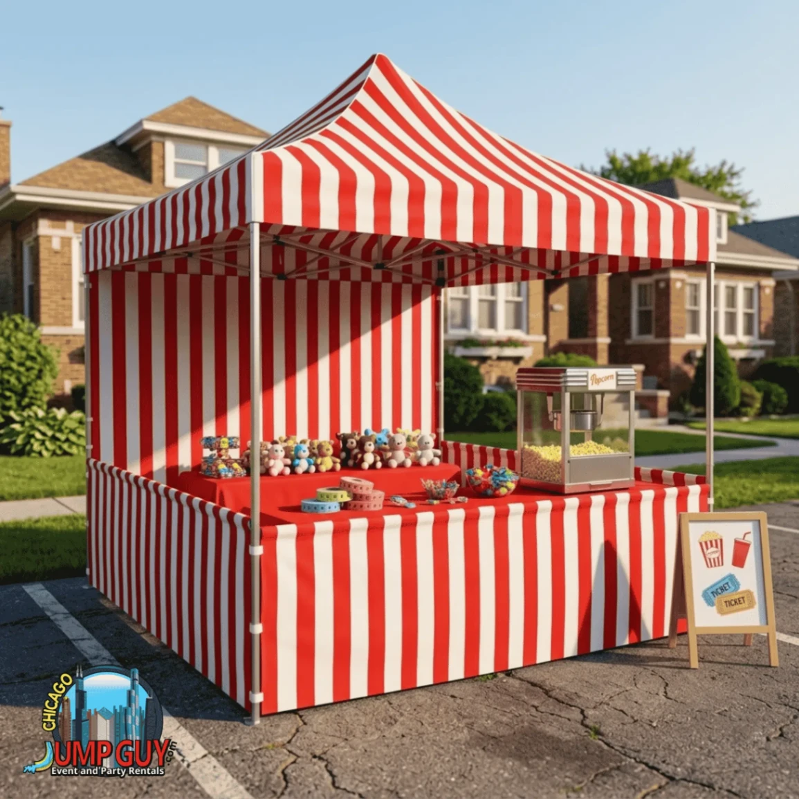 10x10 red and white striped carnival tent booth rental for games and prizes at Elmhurst IL backyard parties