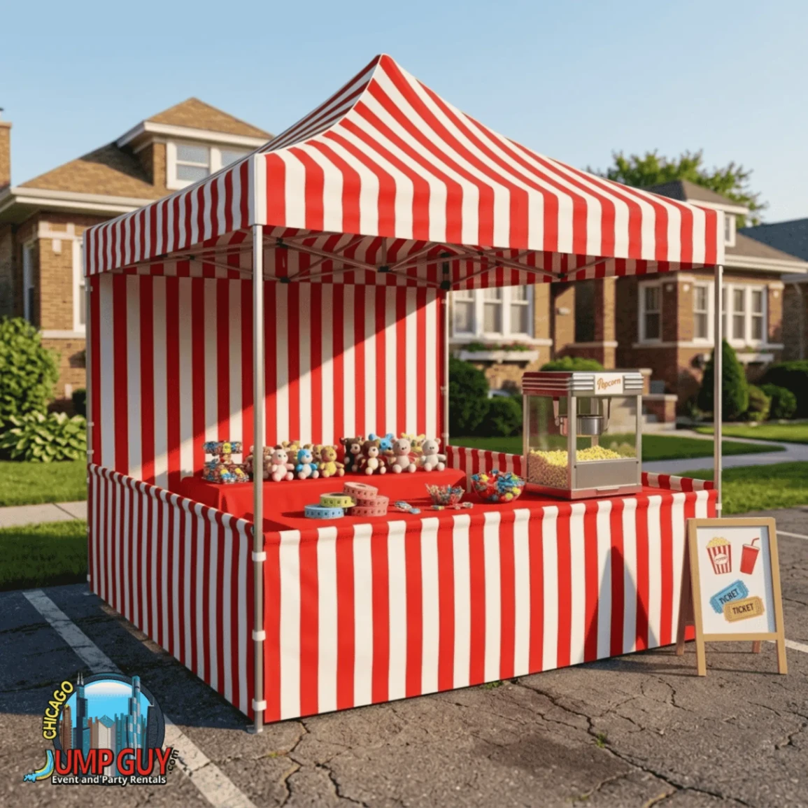 10x10 red and white striped carnival tent booth rental for games and prizes at Elmhurst IL parties and community events