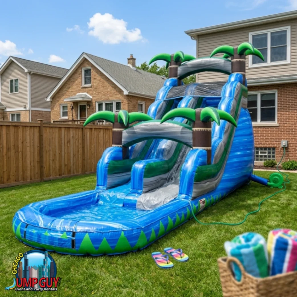 20 foot Blue Crush single lane inflatable water slide rental set up in a suburban Elmhurst IL backyard in 60126