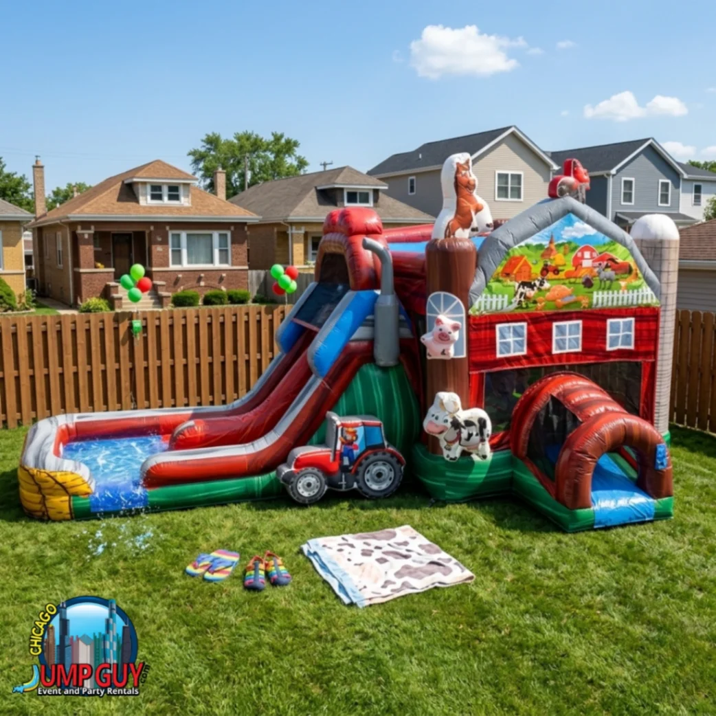Barnyard Farm themed bounce house and water slide combo wet rental set up in a backyard farm themed environment for Elmhurst IL mixed age summer events