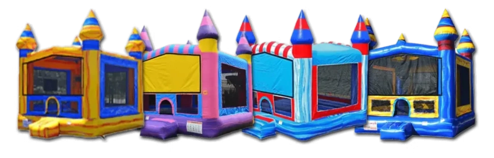 Elmhurst Party Rentals bounce house fleet banner showing multiple inflatable units available for 60126 delivery