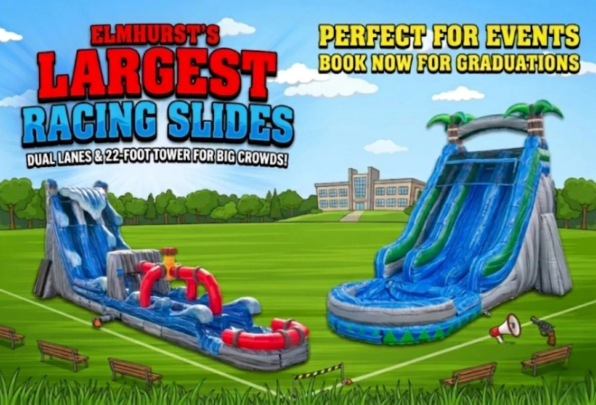 Dual lane racing inflatable water slide rental with tree trunk themed tower for Elmhurst IL park district events at Conrad Fischer Park and Butterfield Park