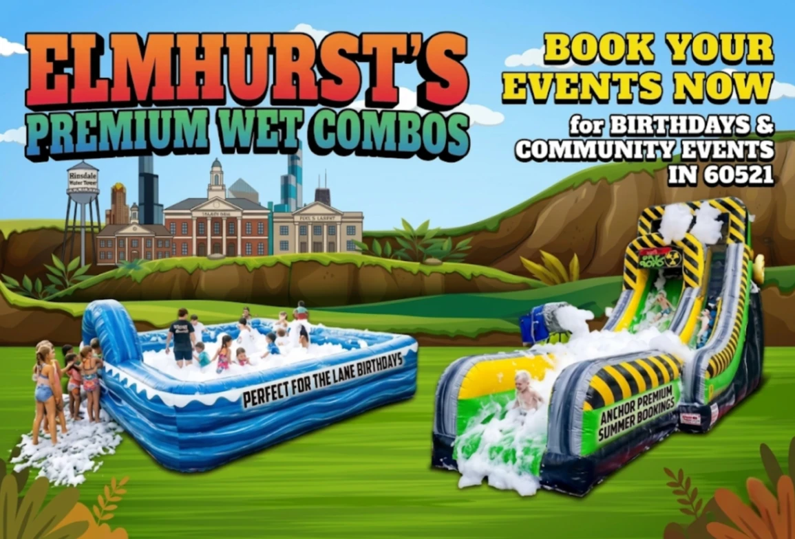Foam machine and combo bounce slide inflatable rental with yellow and black ramp and foam pool for Elmhurst IL block parties along Summit Avenue and Crescent Boulevard