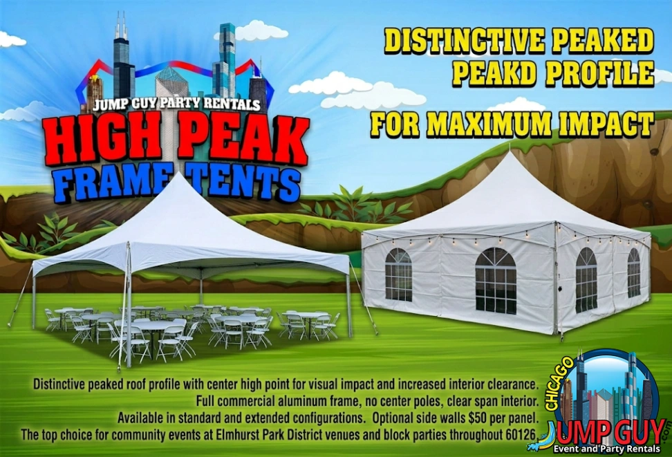 High Peak Frame Tents category promotional graphic titled Distinctive Peaked Profile for Maximum Impact for Elmhurst IL community events