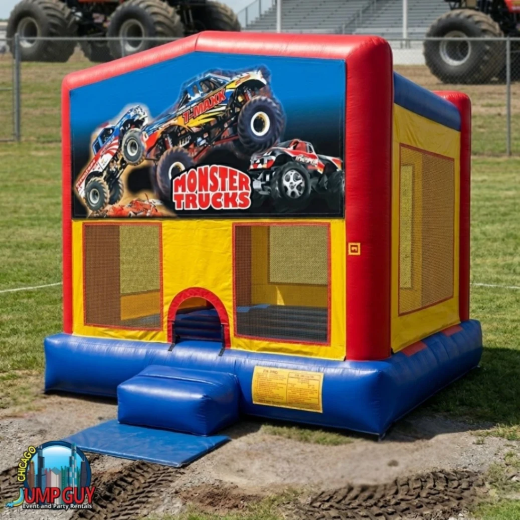 Monster Truck themed inflatable bounce house rental for Elmhurst IL boys birthday parties in 60126