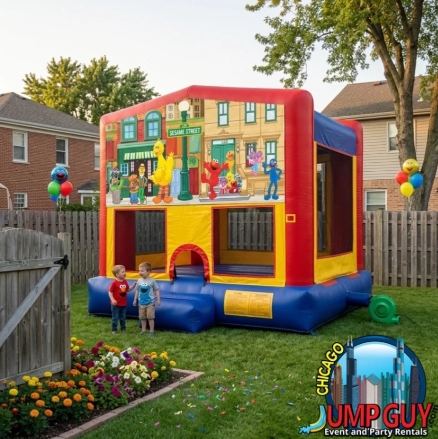 Sesame Street themed bounce house rental set up in an Elmhurst IL 60126 residential backyard near the BNSF commuter corridor