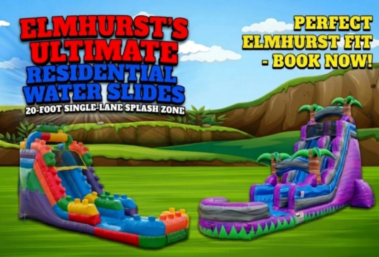 Single lane inflatable water slide rental with colorful multi-color graphics and red splash pool for Elmhurst IL residential backyards in 60126