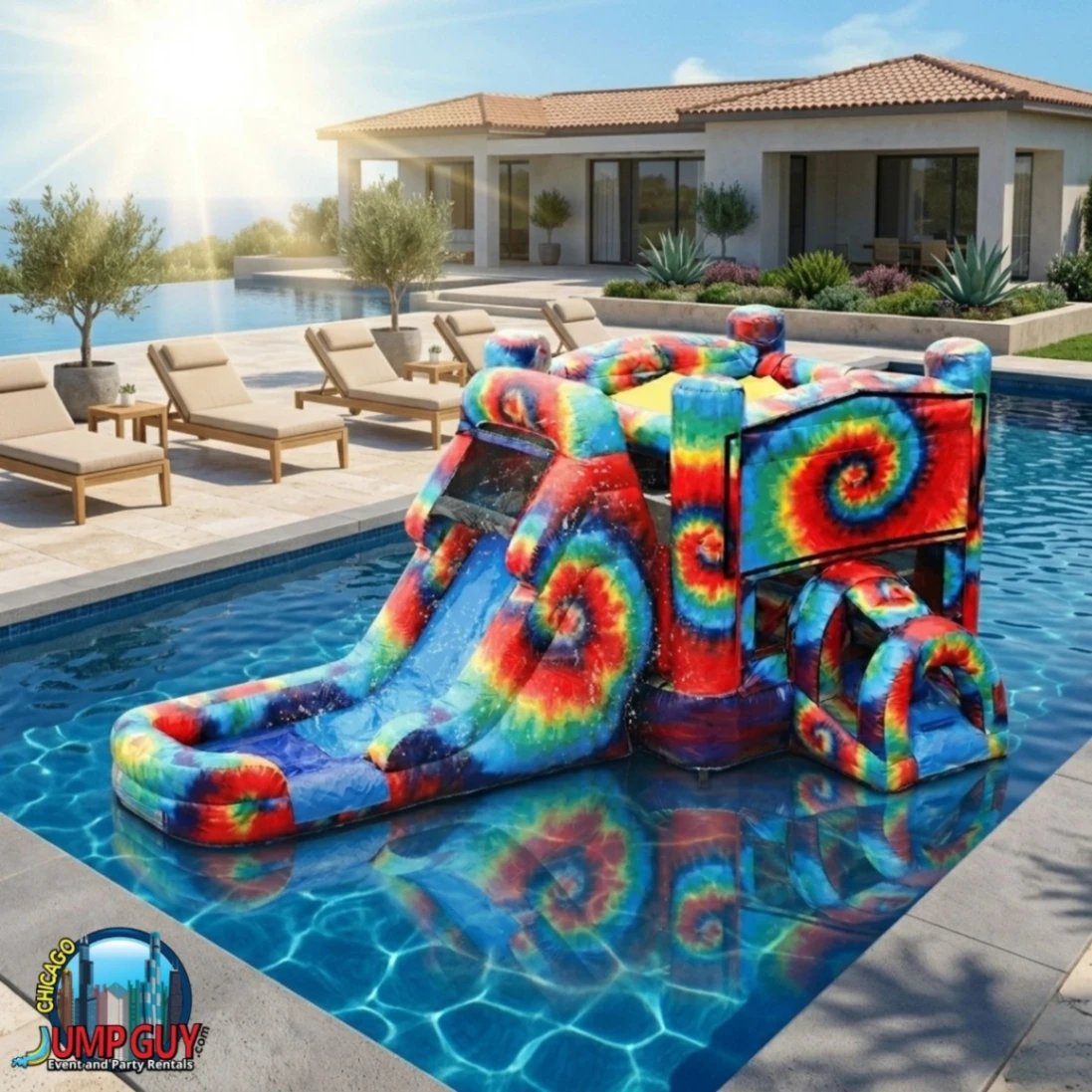 Tie Dye themed bounce house and slide combo wet configuration inflatable rental shown in pool setting for Elmhurst IL summer parties in 60126