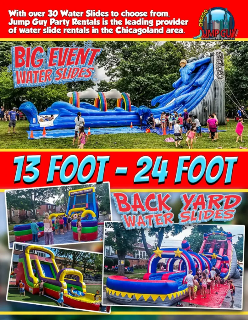 Jump Guy water slide rentals Elmhurst IL promotional banner showing big event and 13 to 24 foot backyard slide options