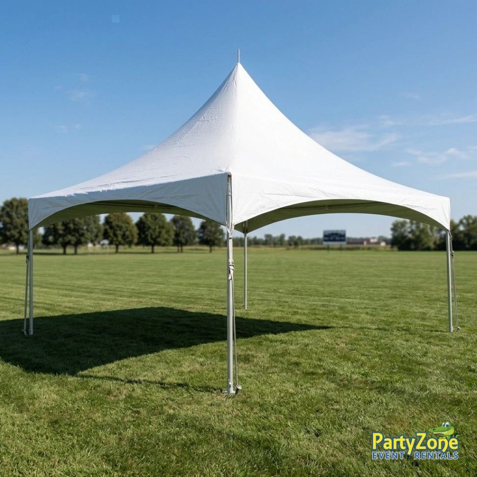 20x20 high peak frame tent rental for Gretna LA graduations and backyard weddings, seats up to 60