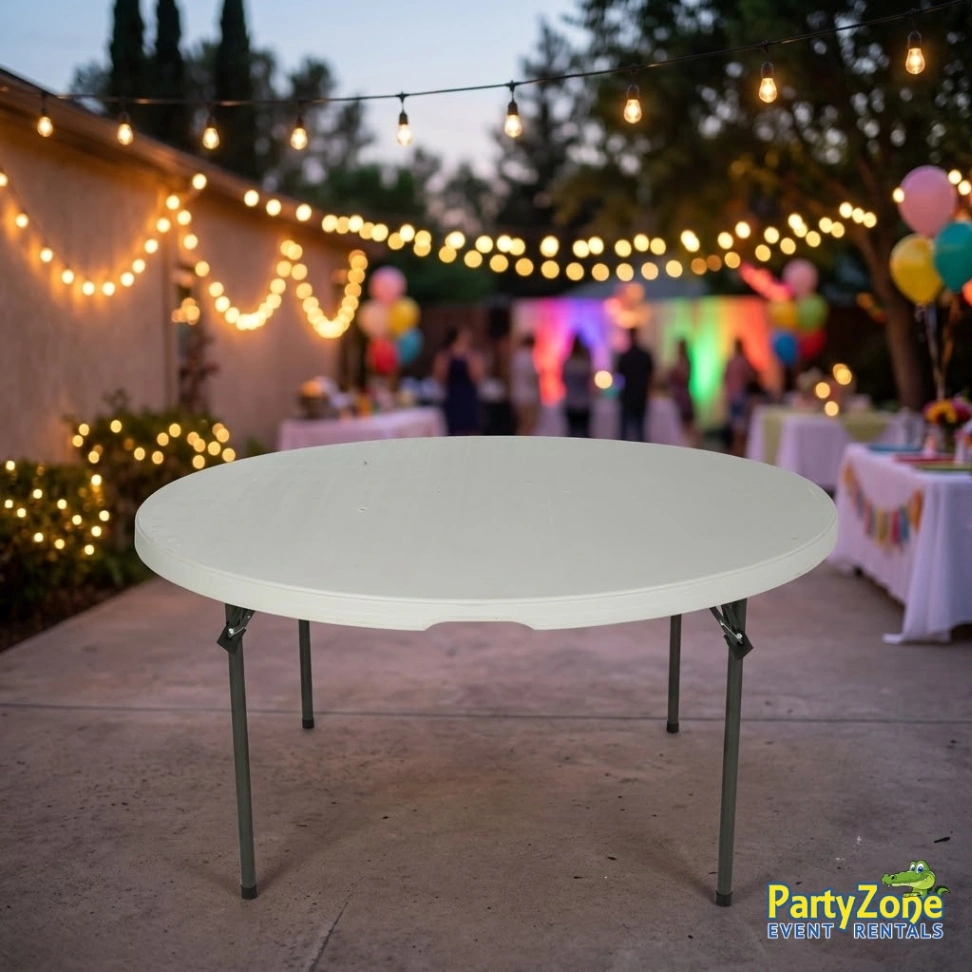 5ft round table rental for Gretna LA wedding receptions and banquets, seats up to eight
