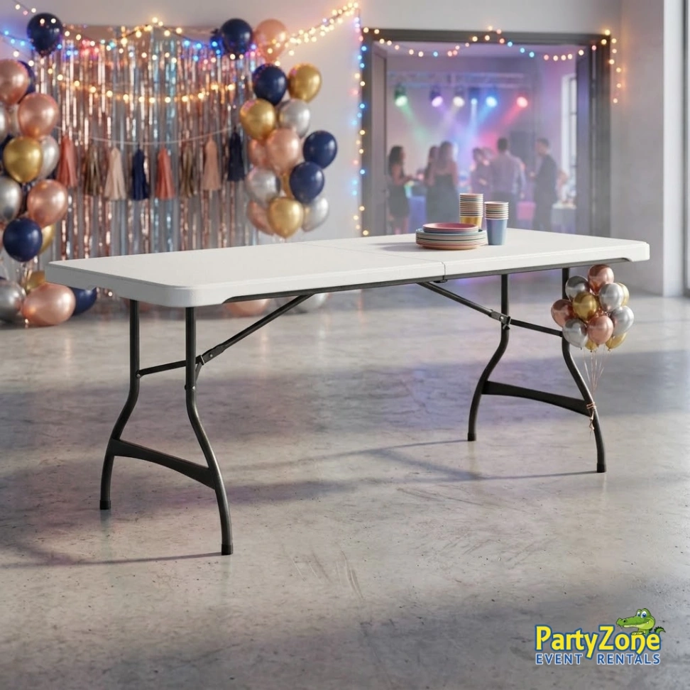 6ft folding table rental for Gretna LA graduations, receptions, and church events, seats eight