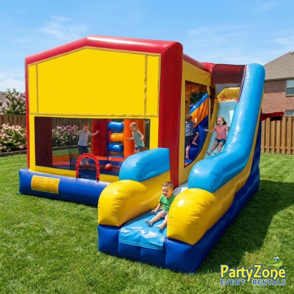 Add-a-Theme Modular 7-in-1 combo bounce house rental for Gretna LA community events, holds 10 to 12 kids