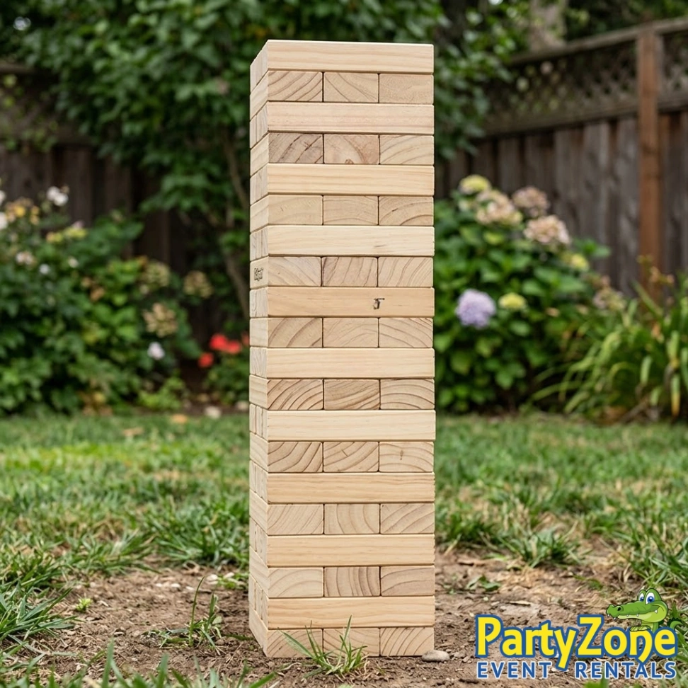 Giant Jenga yard game rental for Gretna LA graduations and corporate events, all ages