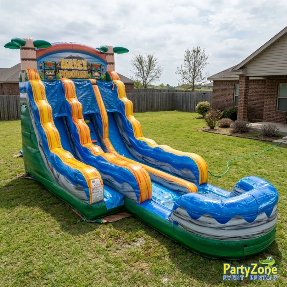 18ft Tiki Plunge dual-lane water slide rental for Harahan LA block parties, race two riders at once