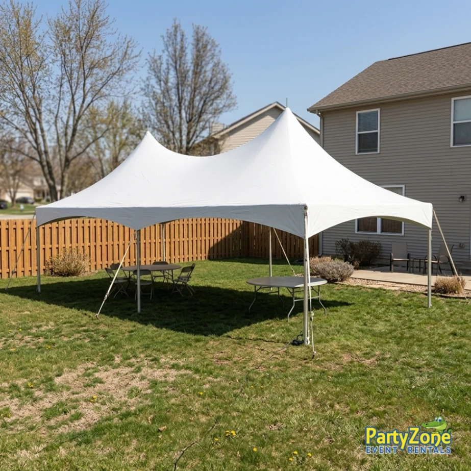 20x30 high peak frame tent rental for Harahan LA graduations and receptions, seats up to 72