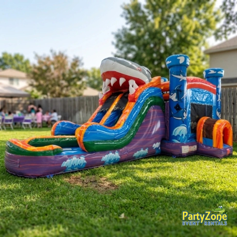 Shark themed dual lane water slide combo rental for River Ridge LA summer parties in Jefferson Parish