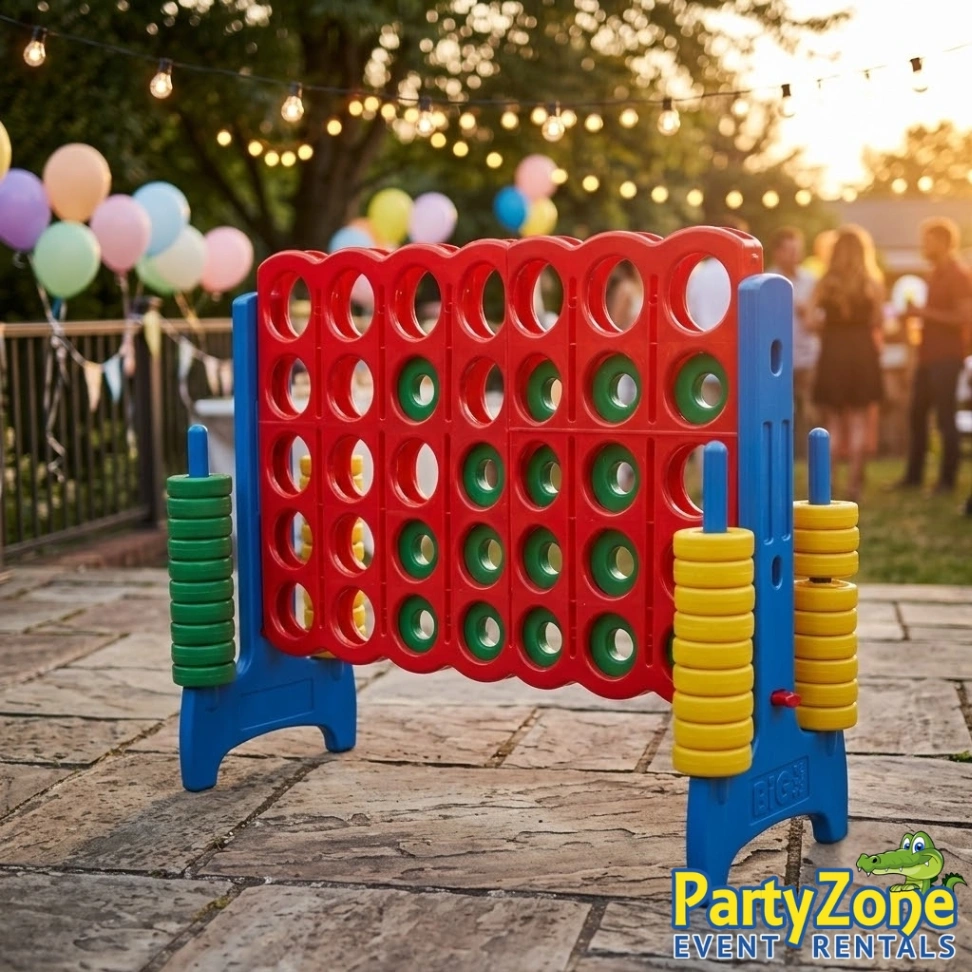 Giant Connect 4 yard game rental for Chalmette LA backyard parties, easy setup on any surface