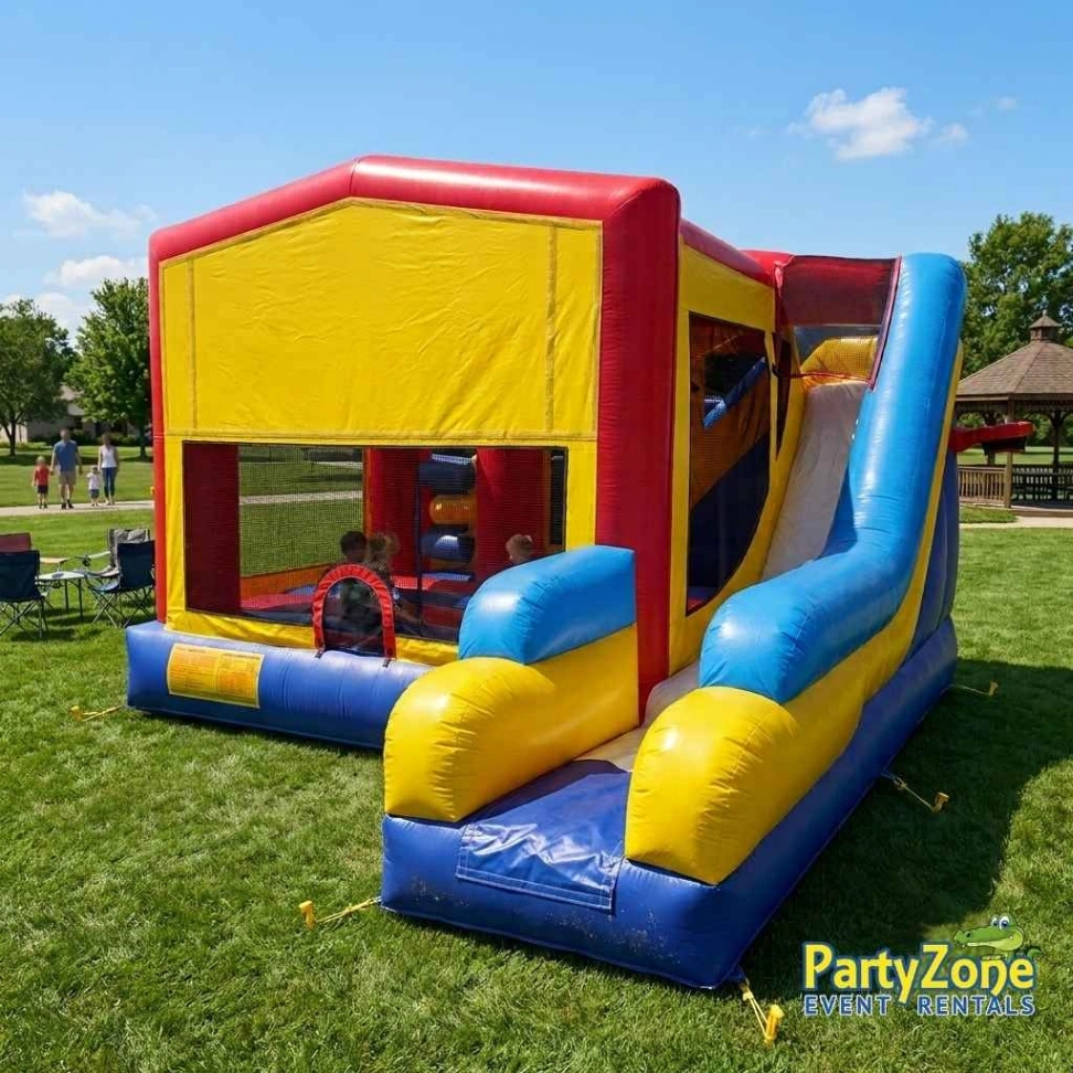 Modular 7-in-1 combo bounce house rental for Chalmette LA community events, holds 10 to 12 kids