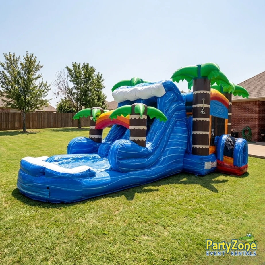 Tropical dual-lane water slide and bounce combo rental for Metairie LA block parties, wet or dry