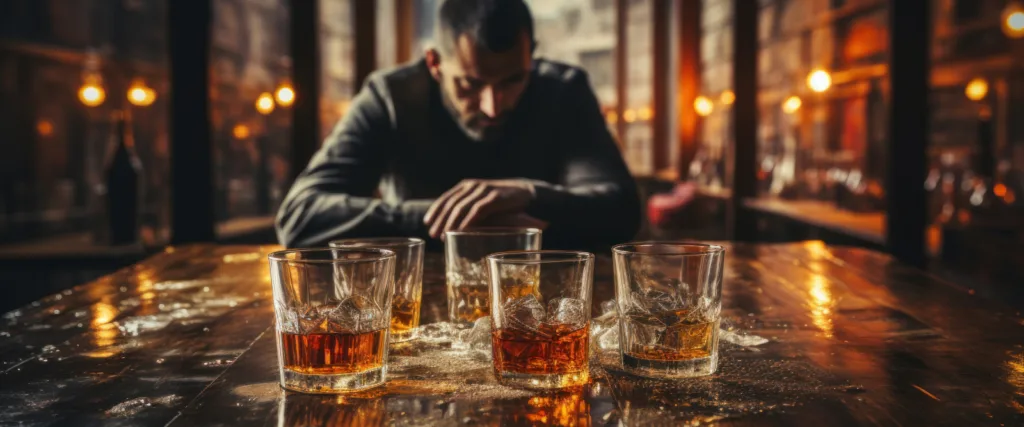 Man slumped at a bar table behind several glasses of whiskey