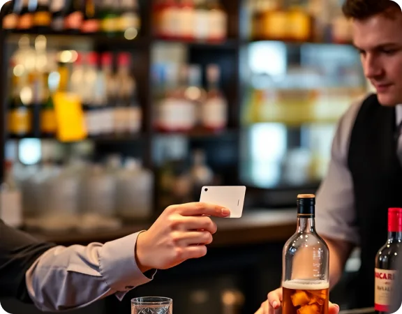 Patron handing a card to a bartender to pay for drinks