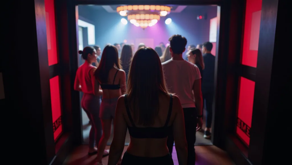 Partygoers entering a busy nightclub