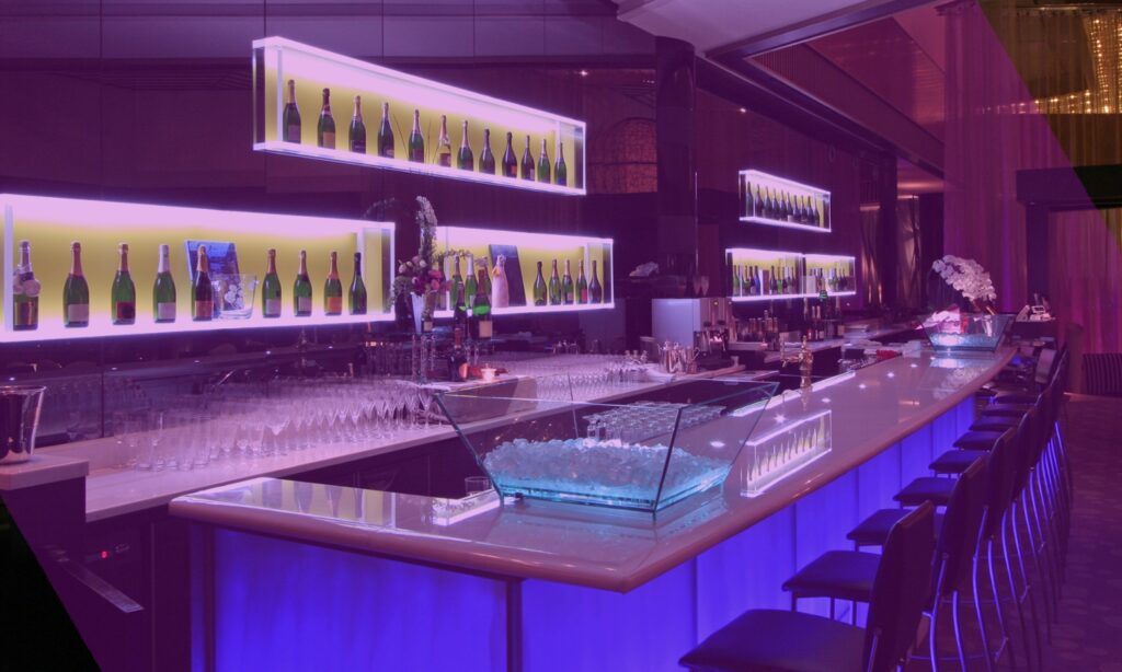 A long bar lit in purple